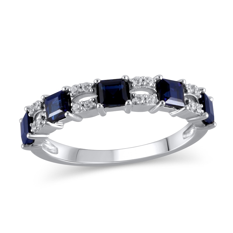 Princess-Cut Blue Sapphire and 1/10 CT. T.W. Diamond Split Duo Five Stone Alternating Ring in 10K White Gold