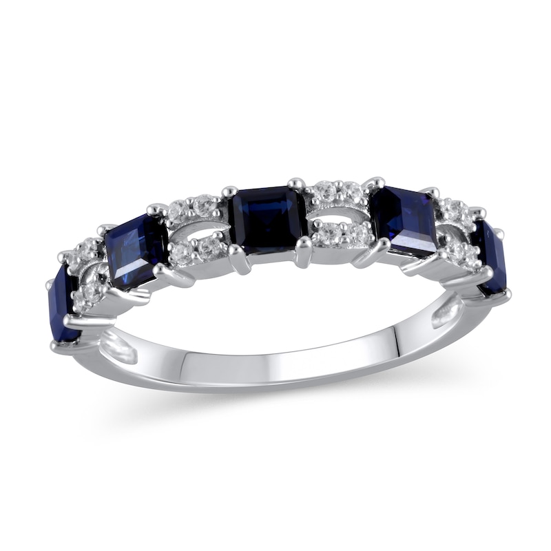 Main Image 1 of Princess-Cut Blue Sapphire and 1/10 CT. T.W. Diamond Split Duo Five Stone Alternating Ring in 10K White Gold