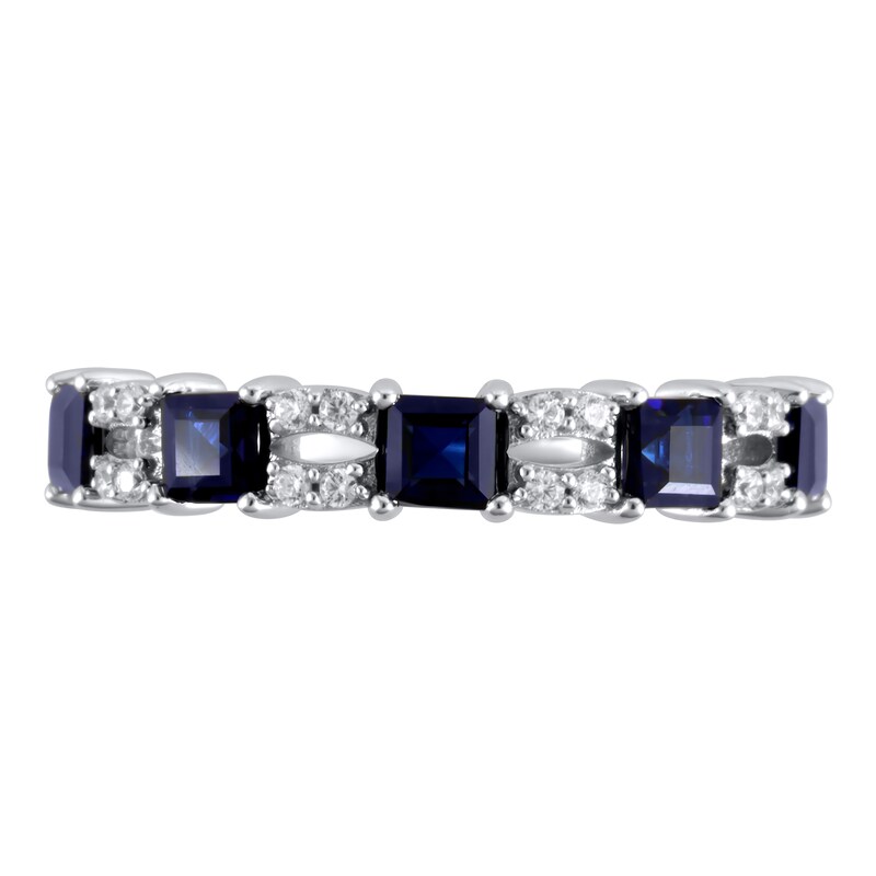 Princess-Cut Blue Sapphire and 1/10 CT. T.W. Diamond Split Duo Five Stone Alternating Ring in 10K White Gold