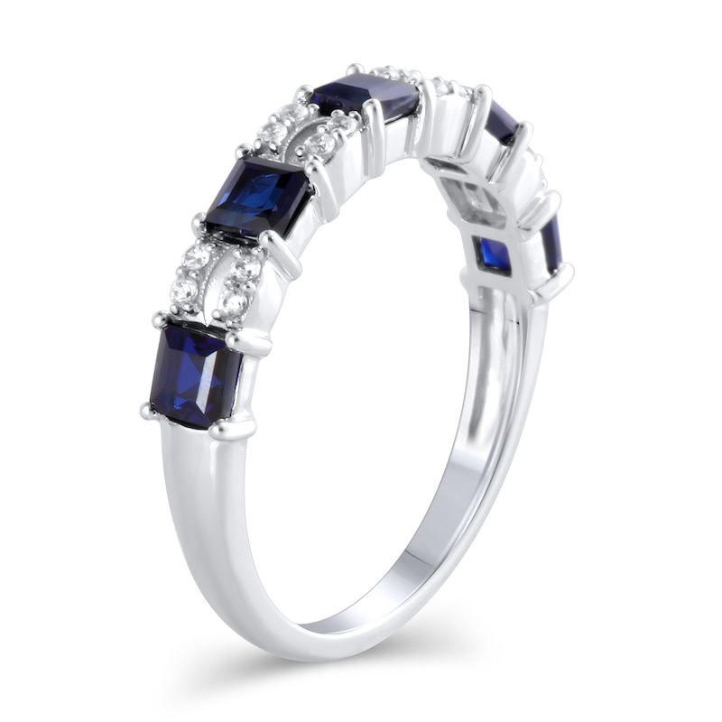 Princess-Cut Blue Sapphire and 1/10 CT. T.W. Diamond Split Duo Five Stone Alternating Ring in 10K White Gold