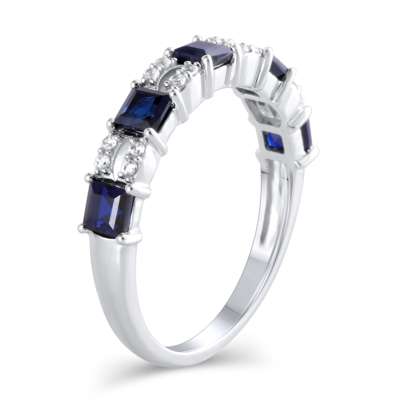 Main Image 3 of Princess-Cut Blue Sapphire and 1/10 CT. T.W. Diamond Split Duo Five Stone Alternating Ring in 10K White Gold