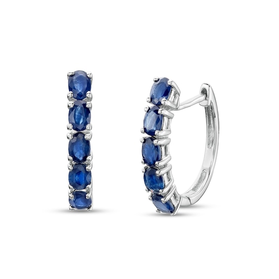 Oval Blue Sapphire Huggie Hoop Earrings in Sterling Silver