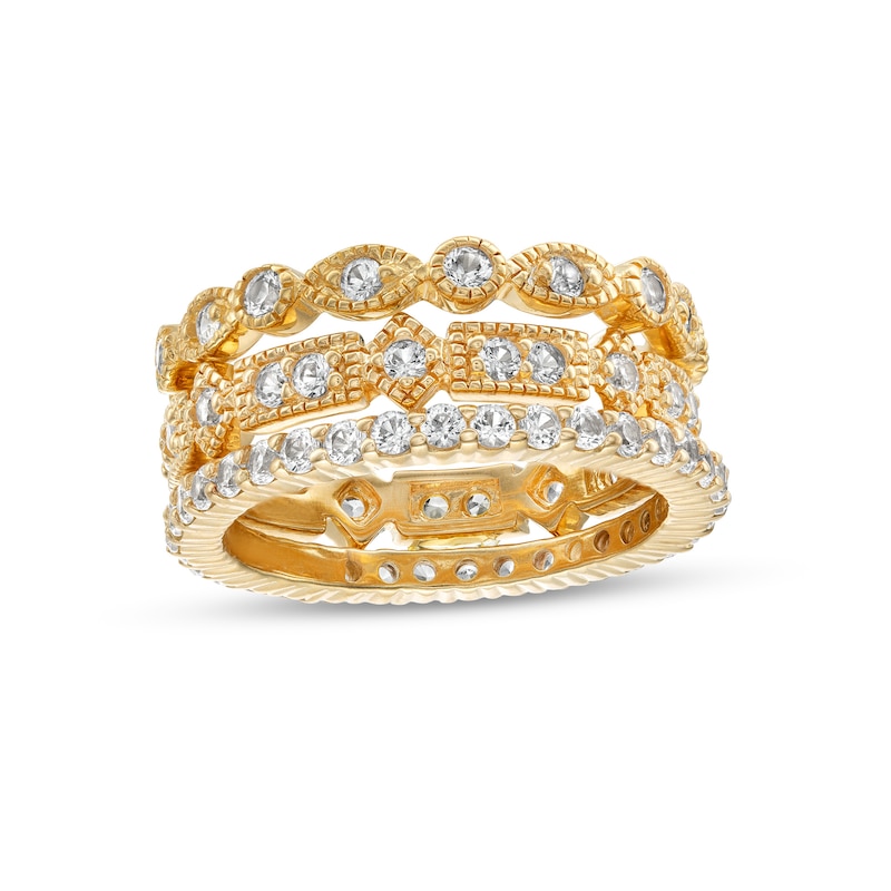 Main Image 1 of White Lab-Created Sapphire Art Deco Vintage-Style Three Piece Stackable Ring Set in 18K Gold Over Silver - Size 7