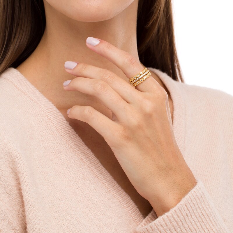 Main Image 2 of White Lab-Created Sapphire Art Deco Vintage-Style Three Piece Stackable Ring Set in 18K Gold Over Silver - Size 7