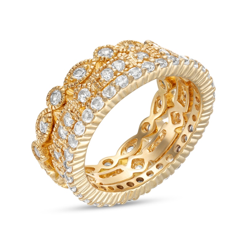 Main Image 3 of White Lab-Created Sapphire Art Deco Vintage-Style Three Piece Stackable Ring Set in 18K Gold Over Silver - Size 7