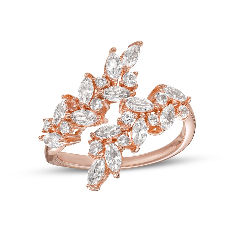 Main Image 1 of Marquise and Round White Lab-Created Sapphire Leaf Branch Bypass  Wrap Ring in 18K Rose Gold Over Silver