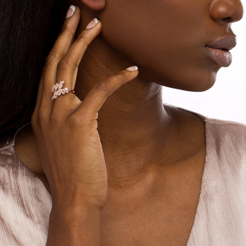 Main Image 2 of Marquise and Round White Lab-Created Sapphire Leaf Branch Bypass  Wrap Ring in 18K Rose Gold Over Silver