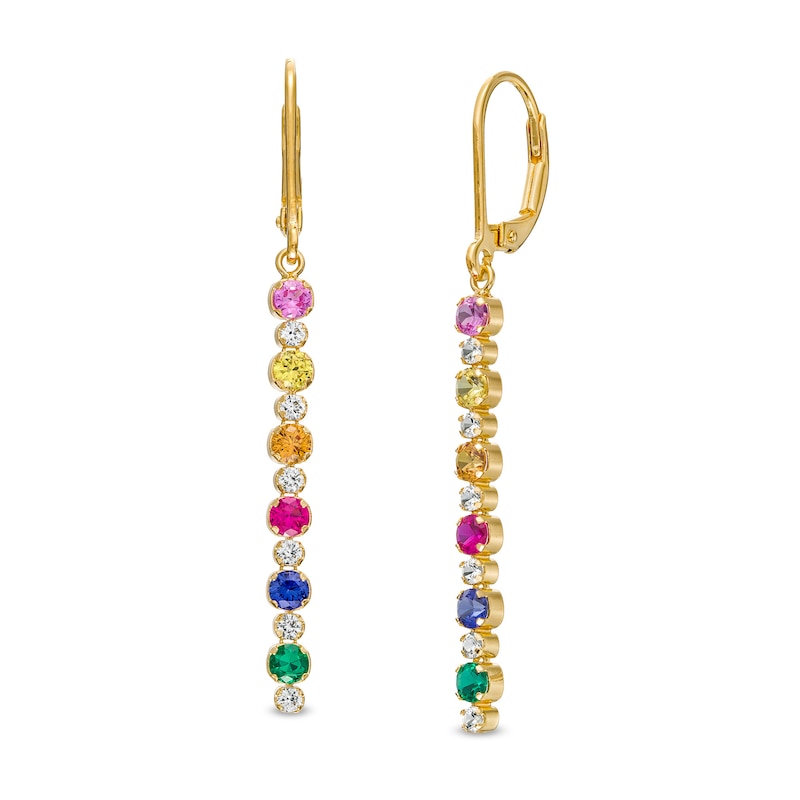 Lab-Created Emerald, Ruby and Multi-Color Lab-Created Sapphire Alternating Linear Drop Earrings in 18K Gold Over Silver