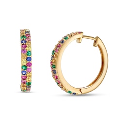 Lab-Created Emerald, Ruby and Multi-Color Lab-Created Sapphire Double Row Huggie Hoop Earrings in 18K Gold Over Silver