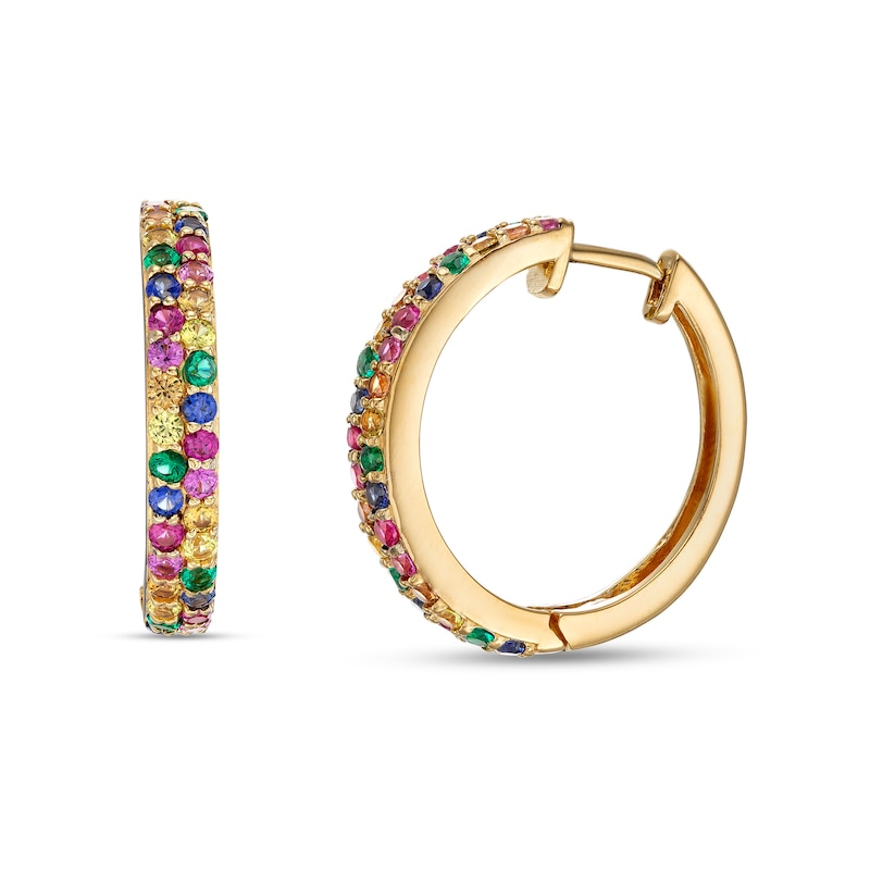 Main Image 1 of Lab-Created Emerald, Ruby and Multi-Color Lab-Created Sapphire Double Row Huggie Hoop Earrings in 18K Gold Over Silver