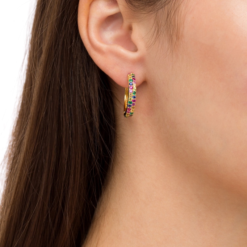 Main Image 2 of Lab-Created Emerald, Ruby and Multi-Color Lab-Created Sapphire Double Row Huggie Hoop Earrings in 18K Gold Over Silver