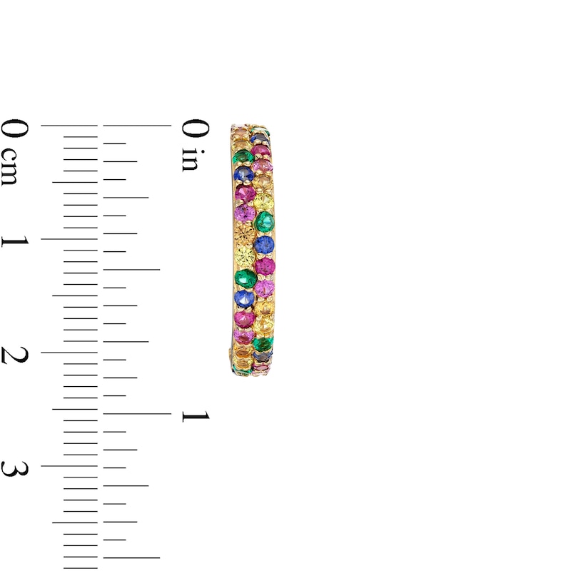 Main Image 3 of Lab-Created Emerald, Ruby and Multi-Color Lab-Created Sapphire Double Row Huggie Hoop Earrings in 18K Gold Over Silver