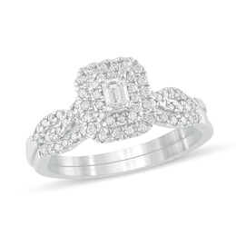 1/2 CT. T.W. Emerald-Cut Diamond Double Frame Multi-Row Bridal Set in 10K White Gold