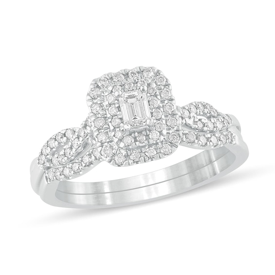 1/2 CT. T.w. Emerald-Cut Diamond Double Frame Multi-Row Bridal Set in 10K White Gold
