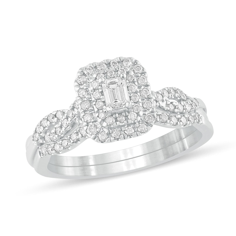 Main Image 1 of 1/2 CT. T.W. Emerald-Cut Diamond Double Frame Multi-Row Bridal Set in 10K White Gold