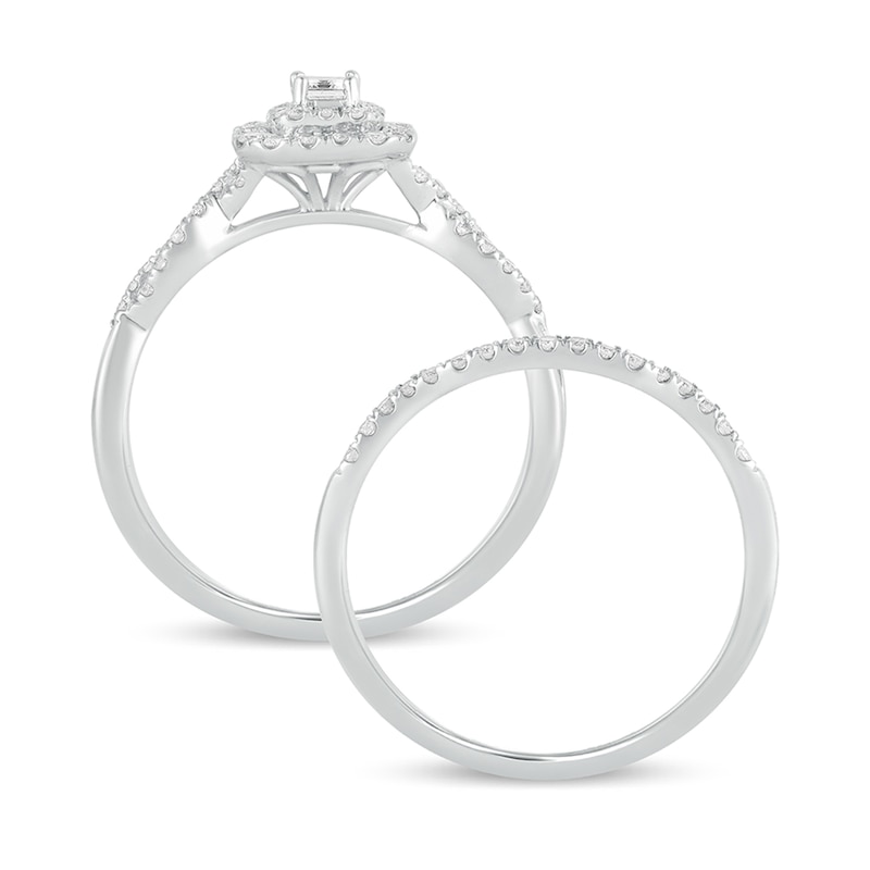Main Image 3 of 1/2 CT. T.W. Emerald-Cut Diamond Double Frame Multi-Row Bridal Set in 10K White Gold