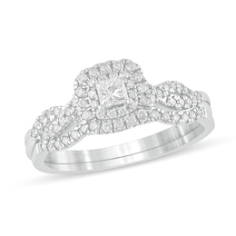 1/2 CT. T.W. Princess-Cut Diamond Double Cushion-Shaped Frame Multi-Row Bridal Set in 10K White Gold