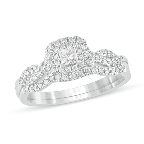 1/2 CT. T.w. Princess-Cut Diamond Double Cushion-Shaped Frame Multi-Row Bridal Set in 10K White Gold