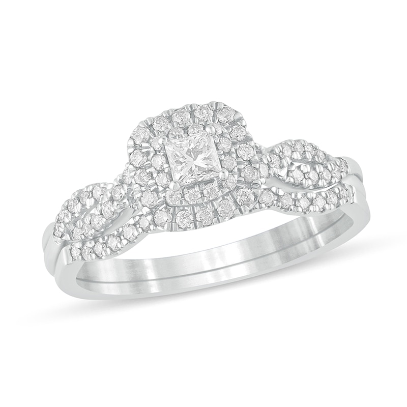 Main Image 1 of 1/2 CT. T.W. Princess-Cut Diamond Double Cushion-Shaped Frame Multi-Row Bridal Set in 10K White Gold