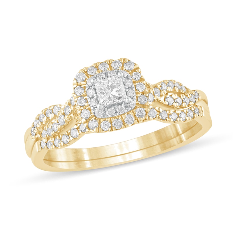 Main Image 1 of 1/2 CT. T.W. Princess-Cut Diamond Double Cushion-Shaped Frame Multi-Row Bridal Set in 10K Gold