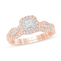 1/2 CT. T.W. Princess-Cut Diamond Double Cushion-Shaped Frame Multi-Row Bridal Set in 10K Rose Gold