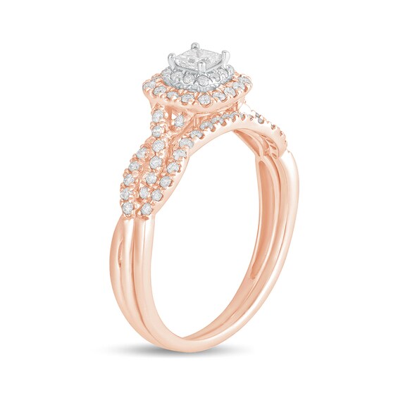 1/2 CT. T.w. Princess-Cut Diamond Double Cushion-Shaped Frame Multi-Row Bridal Set in 10K Rose Gold