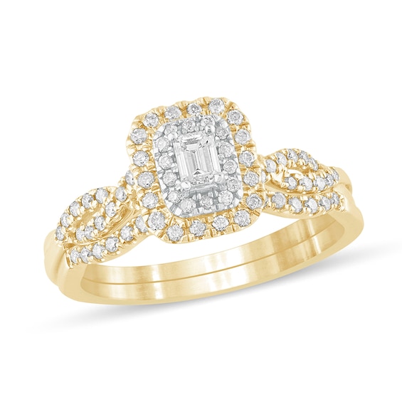 1/2 CT. T.w. Emerald-Cut Diamond Double Frame Multi-Row Bridal Set in 10K Gold