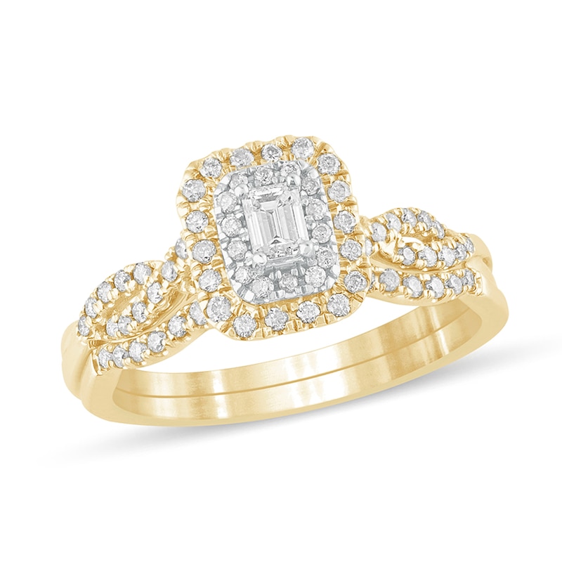 Main Image 1 of 1/2 CT. T.W. Emerald-Cut Diamond Double Frame Multi-Row Bridal Set in 10K Gold