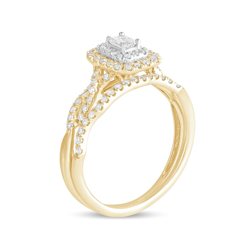 Main Image 2 of 1/2 CT. T.W. Emerald-Cut Diamond Double Frame Multi-Row Bridal Set in 10K Gold
