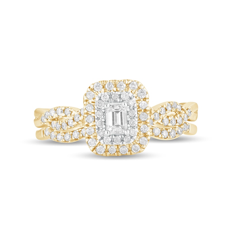 Main Image 4 of 1/2 CT. T.W. Emerald-Cut Diamond Double Frame Multi-Row Bridal Set in 10K Gold