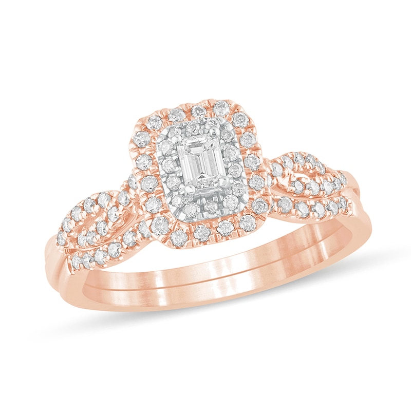 Main Image 1 of 1/2 CT. T.W. Emerald-Cut Diamond Double Frame Multi-Row Bridal Set in 10K Rose Gold