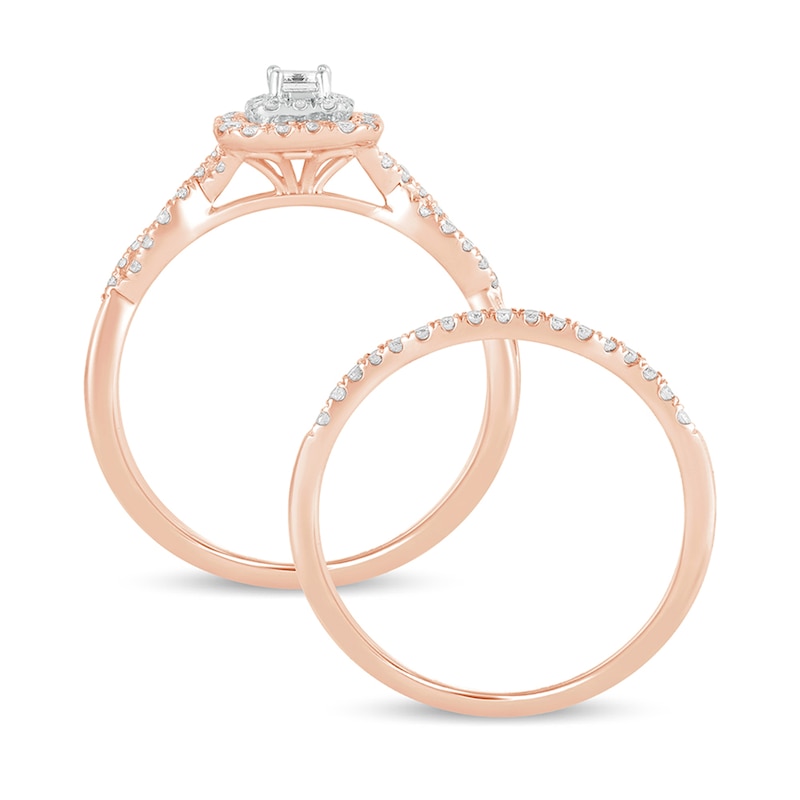 Main Image 3 of 1/2 CT. T.W. Emerald-Cut Diamond Double Frame Multi-Row Bridal Set in 10K Rose Gold
