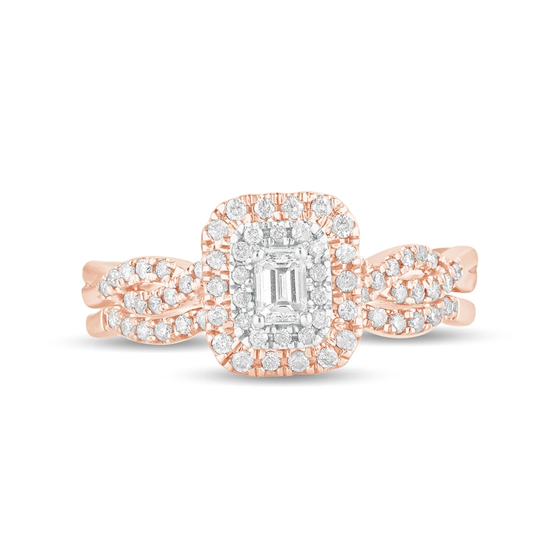 Main Image 4 of 1/2 CT. T.W. Emerald-Cut Diamond Double Frame Multi-Row Bridal Set in 10K Rose Gold