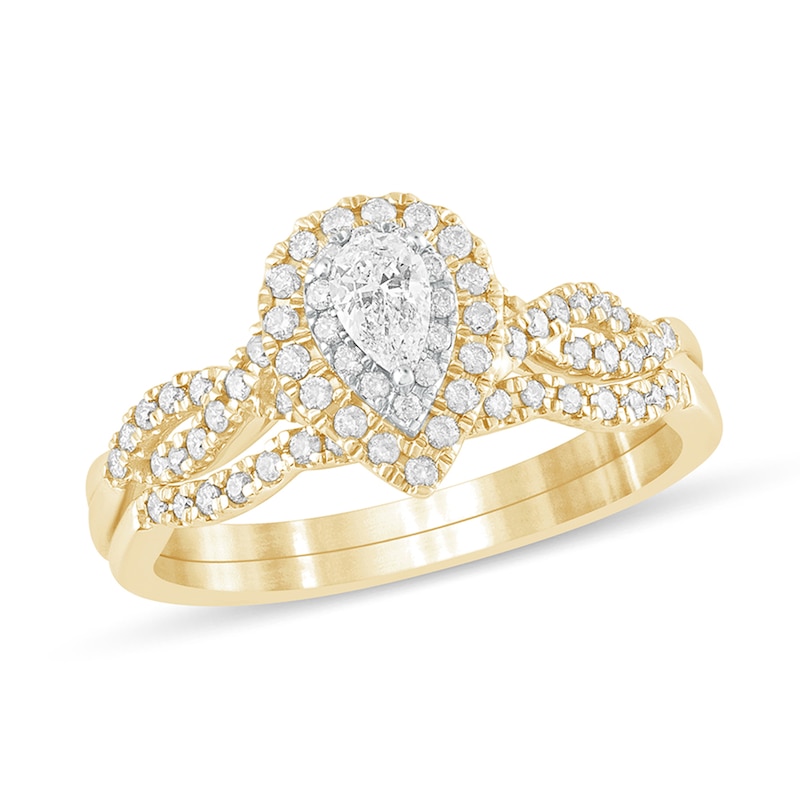 Main Image 1 of 1/2 CT. T.W. Pear-Shaped Diamond Double Frame Multi-Row Bridal Set in 10K Gold