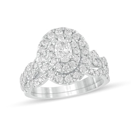 1-1/2 CT. T.W. Oval Diamond Double Frame Multi-Row Bridal Set in 10K White Gold
