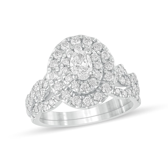 1-1/2 CT. T.w. Oval Diamond Double Frame Multi-Row Bridal Set in 10K White Gold