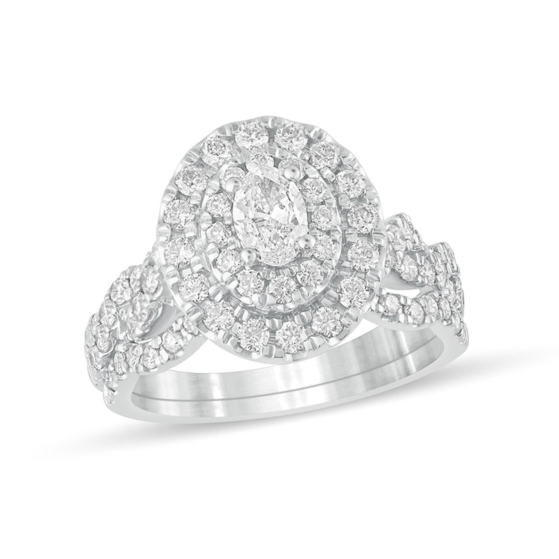 Main Image 1 of 1-1/2 CT. T.W. Oval Diamond Double Frame Multi-Row Bridal Set in 10K White Gold