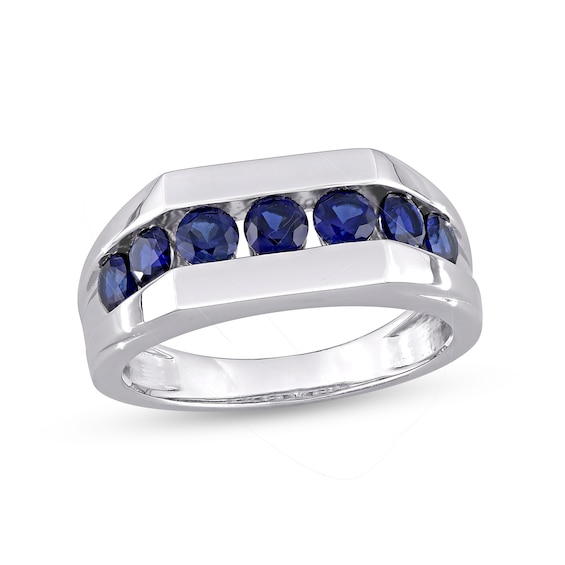 Blue Lab-Created Sapphire Seven Stone Channel Band in Sterling Silver
