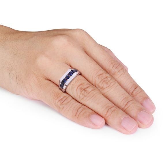 Blue Lab-Created Sapphire Seven Stone Channel Band in Sterling Silver