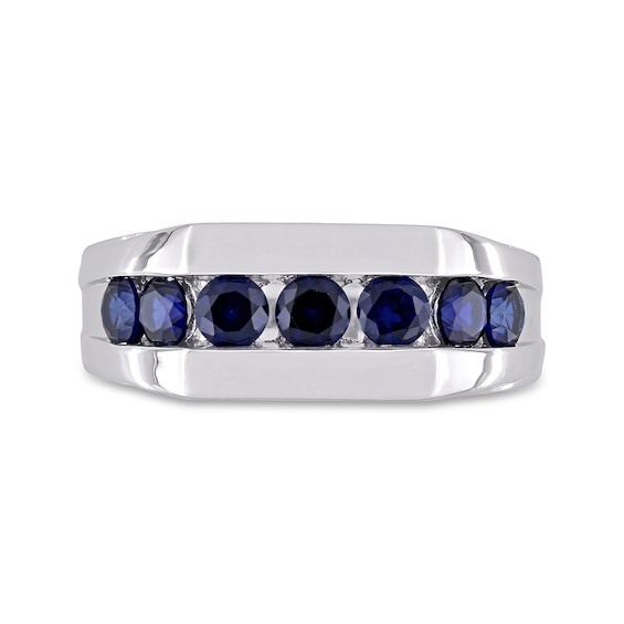 Blue Lab-Created Sapphire Seven Stone Channel Band in Sterling Silver