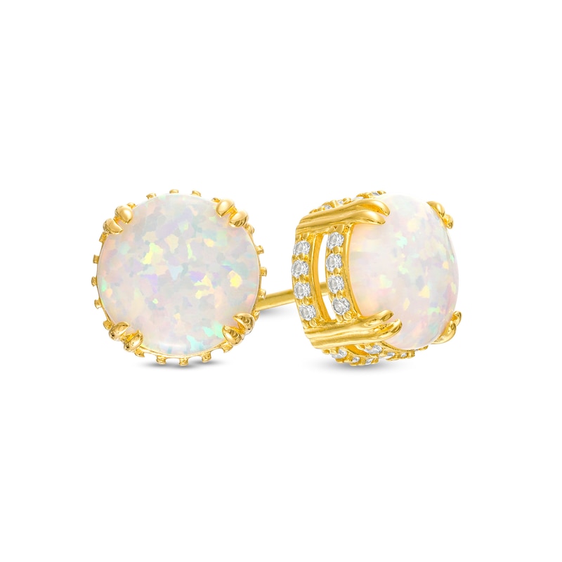 Zales 8.0mm Lab-Created Opal and White Lab-Created Sapphire Double Row Outer Edge Stud Earrings in 18K Gold Over Silver