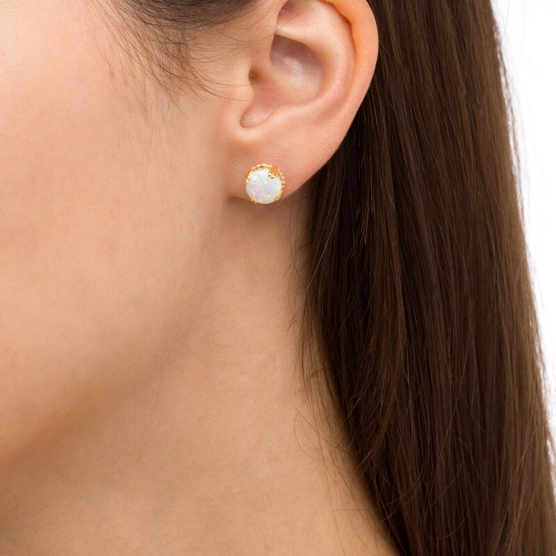 Main Image 2 of 8.0mm Lab-Created Opal and White Lab-Created Sapphire Double Row Outer Edge Stud Earrings in 18K Gold Over Silver
