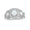 Thumbnail Image 1 of Lab-Created Opal and White Lab-Created Sapphire Cushion Frame Three Stone Infinity Vintage-Style Ring in Sterling Silver