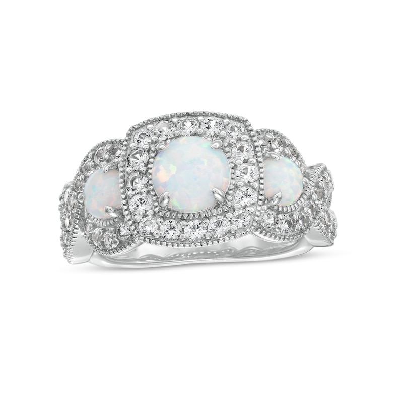 Main Image 1 of Lab-Created Opal and White Lab-Created Sapphire Cushion Frame Three Stone Infinity Vintage-Style Ring in Sterling Silver