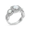 Thumbnail Image 3 of Lab-Created Opal and White Lab-Created Sapphire Cushion Frame Three Stone Infinity Vintage-Style Ring in Sterling Silver