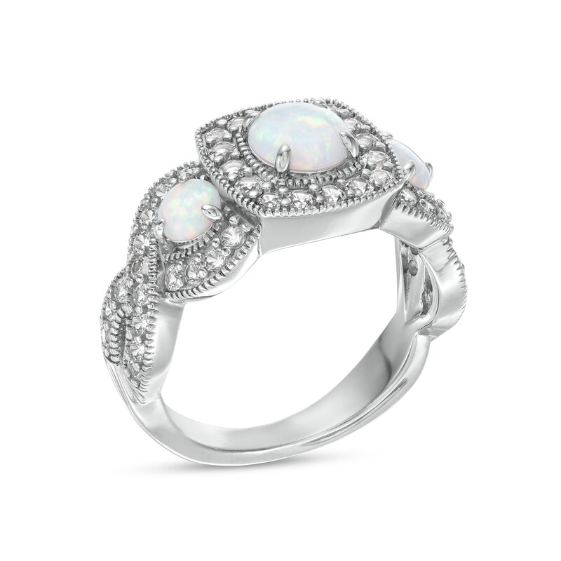 Main Image 3 of Lab-Created Opal and White Lab-Created Sapphire Cushion Frame Three Stone Infinity Vintage-Style Ring in Sterling Silver