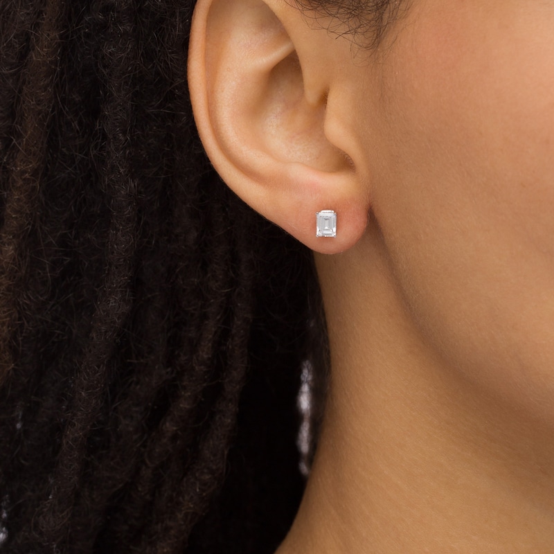 Main Image 2 of 1 CT. T.W. Certified Emerald-Cut Lab-Grown Diamond Solitaire Stud Earrings in 14K White Gold (F/SI2)