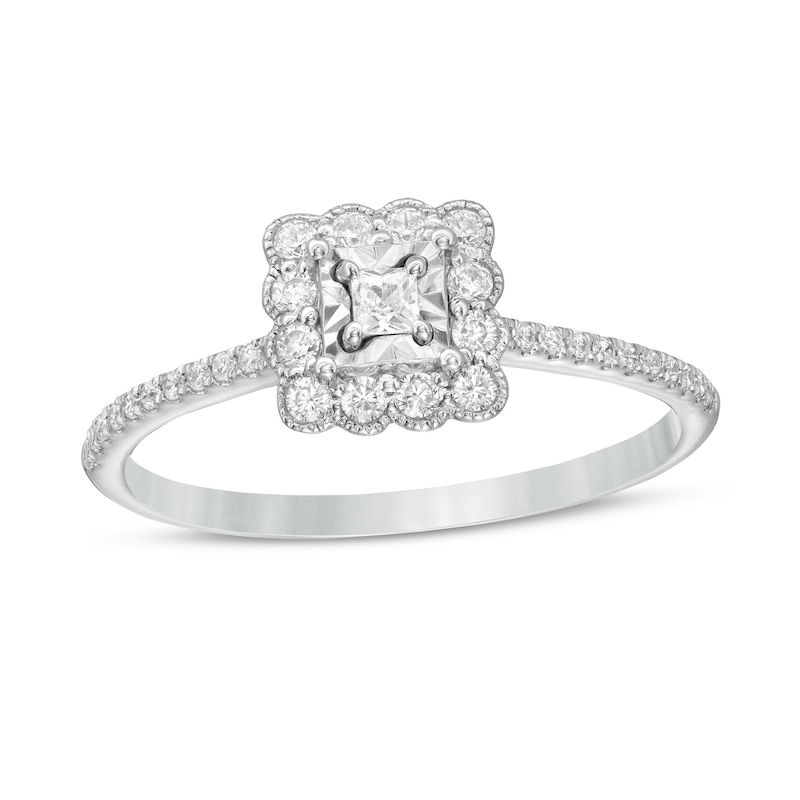 Main Image 1 of 1/4 CT. T.W. Princess-Cut Diamond Scallop Edge Frame Vintage-Style Engagement Ring in 10K White Gold