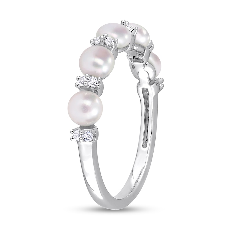 3.5-4.0mm Button Freshwater Cultured Pearl and White Topaz Duo Five Stone Alternating Stackable Band in Sterling Silver