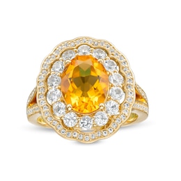 Lab-Created Citrine and White Lab-Created Sapphire Frame Cocktail Ring in Sterling Silver with 14K Gold Plate